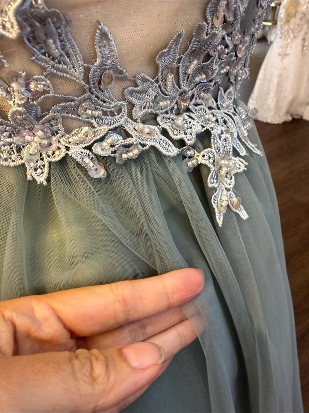 Elegant Sage dusty teal Green Tulle Evening Dress with Lace Appliqué - Picture 10 of 11